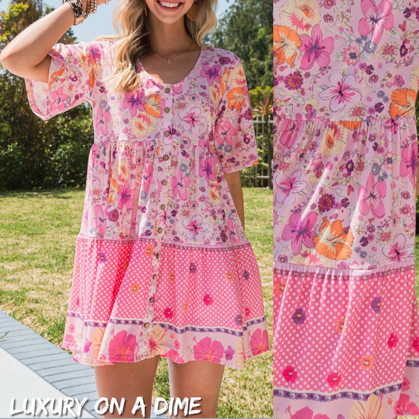 Bright Buttoned Retro Floral Short Sleeve Babydoll Mini Dress