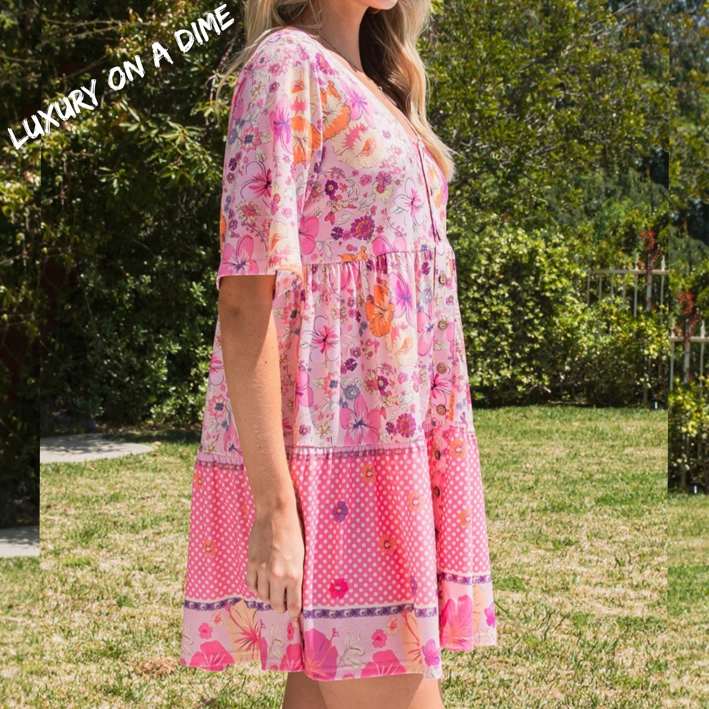 Bright Buttoned Retro Floral Short Sleeve Babydoll Mini Dress
