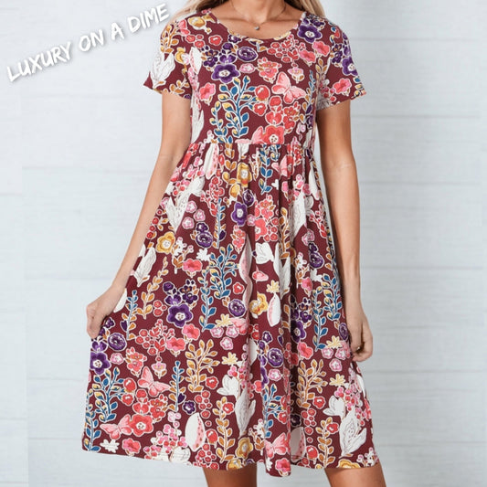 Retro Floral Butterfly Round Neck Short Sleeve Mini Dress