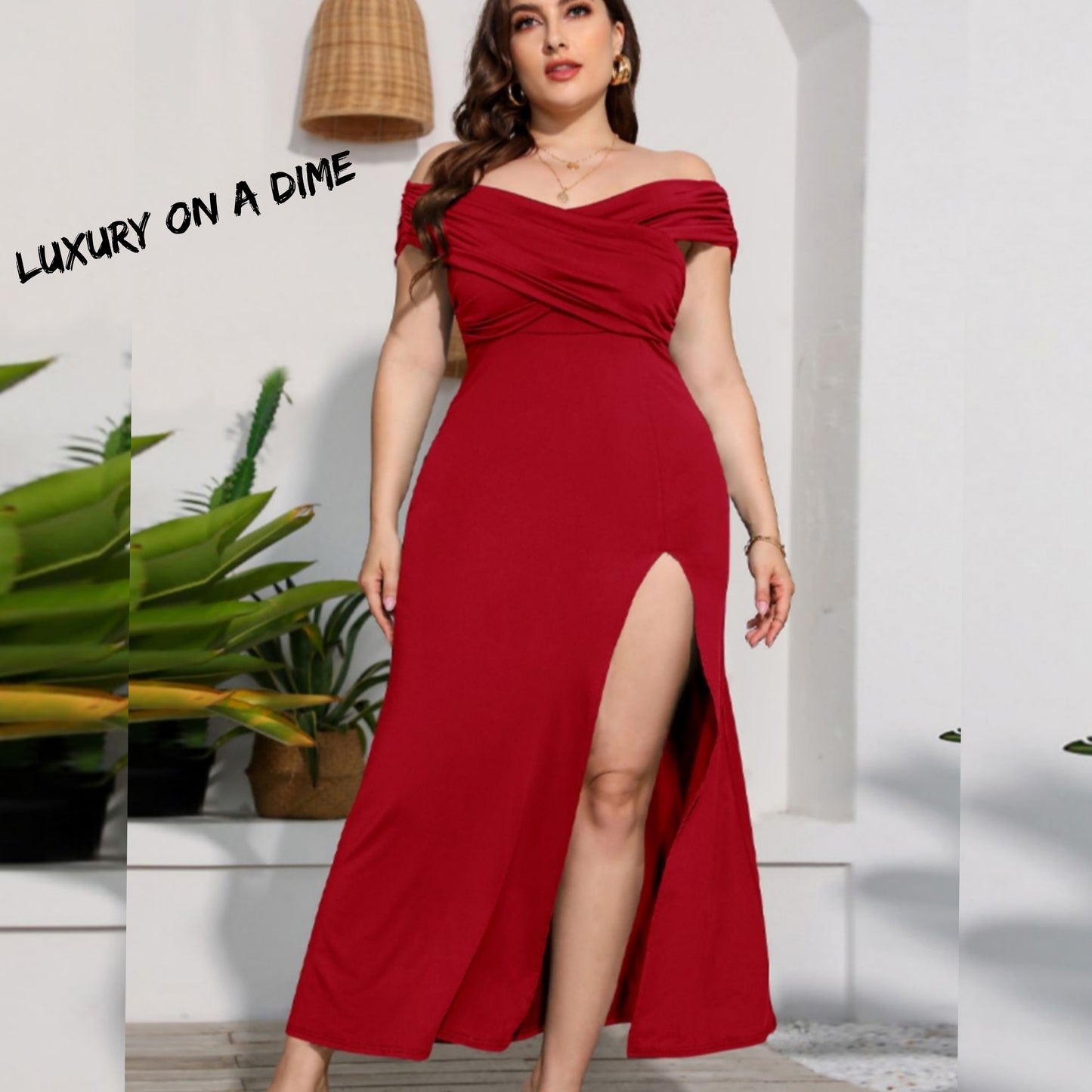 Wrap Crossover Bodice Formal Off-Shoulder High Slit Maxi Party Dress (Plus Size Only)