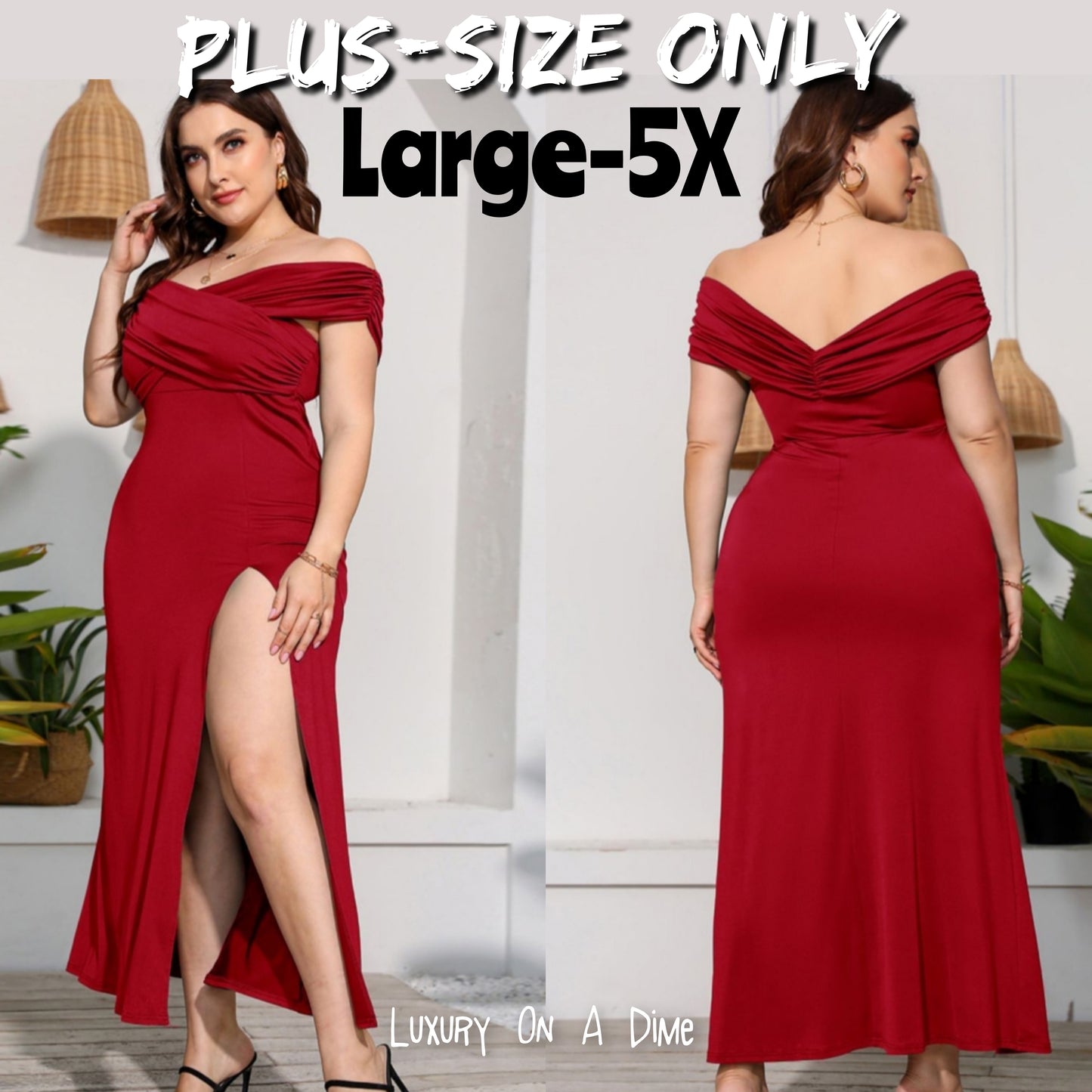 Wrap Crossover Bodice Formal Off-Shoulder High Slit Maxi Party Dress (Plus Size Only)