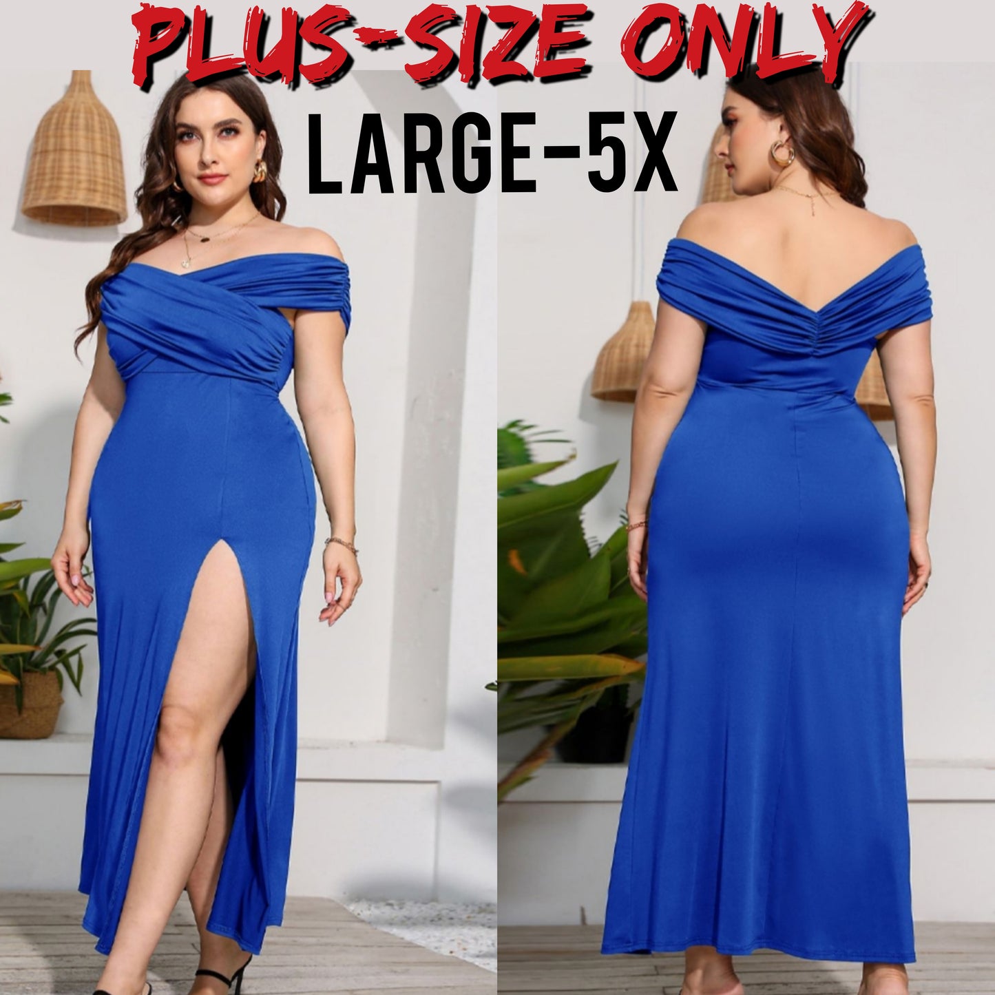 Wrap Crossover Bodice Formal Off-Shoulder High Slit Maxi Party Dress (Plus Size Only)