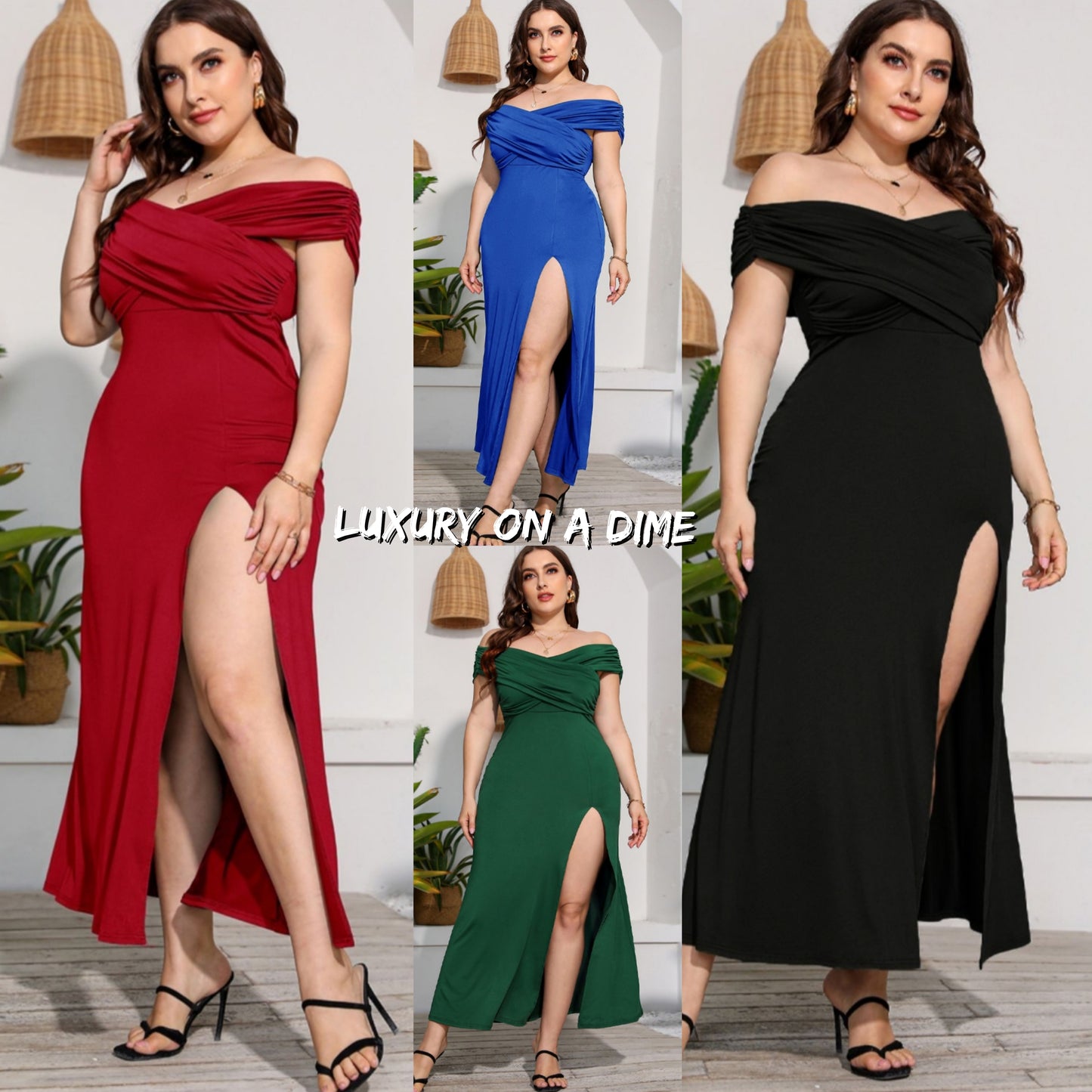 Wrap Crossover Bodice Formal Off-Shoulder High Slit Maxi Party Dress (Plus Size Only)