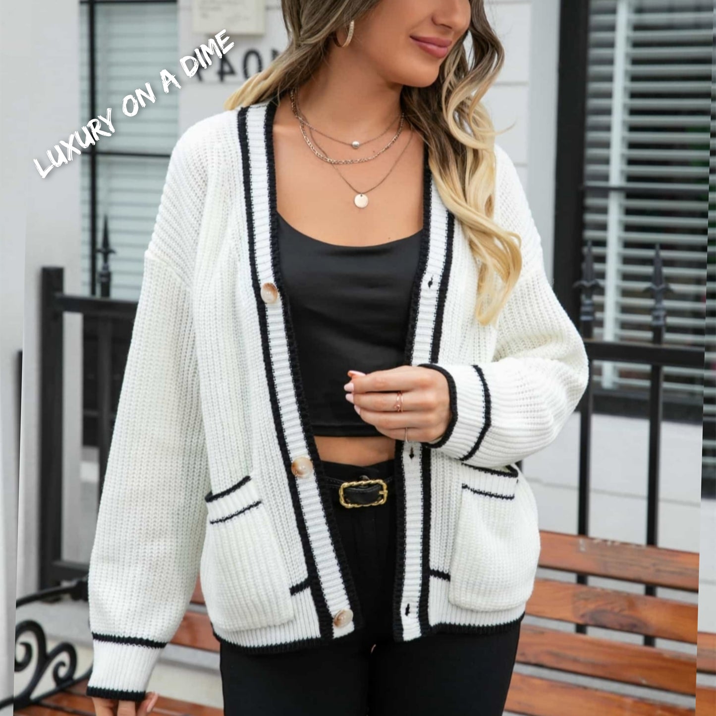 Contrast Waffle Knit Button Front Pocket Sweater Cardigan