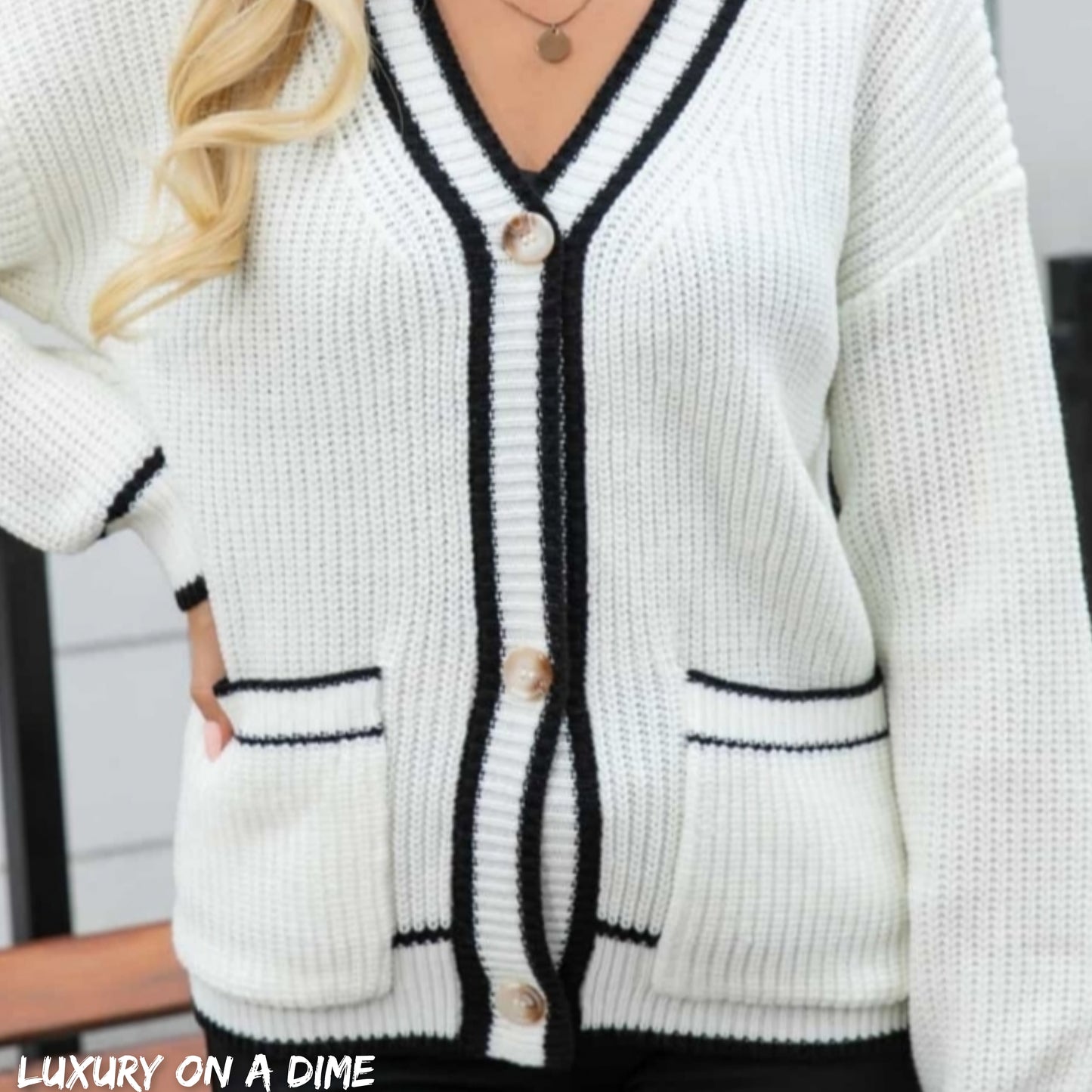 Contrast Waffle Knit Button Front Pocket Sweater Cardigan