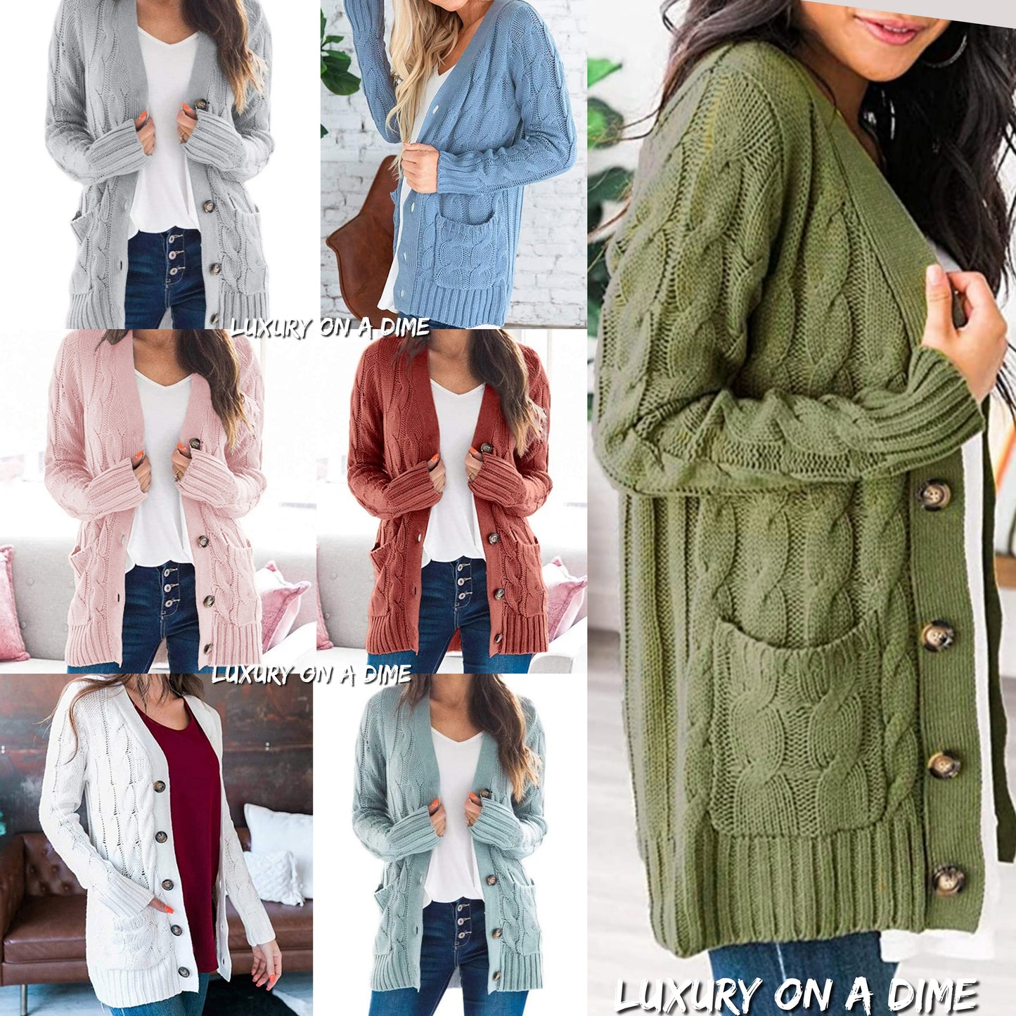 Classic Cable-Knit Buttoned Oversized Cardigan Patch Pockets