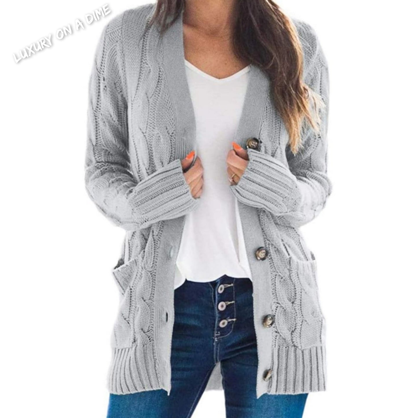 Classic Cable-Knit Buttoned Oversized Cardigan Patch Pockets