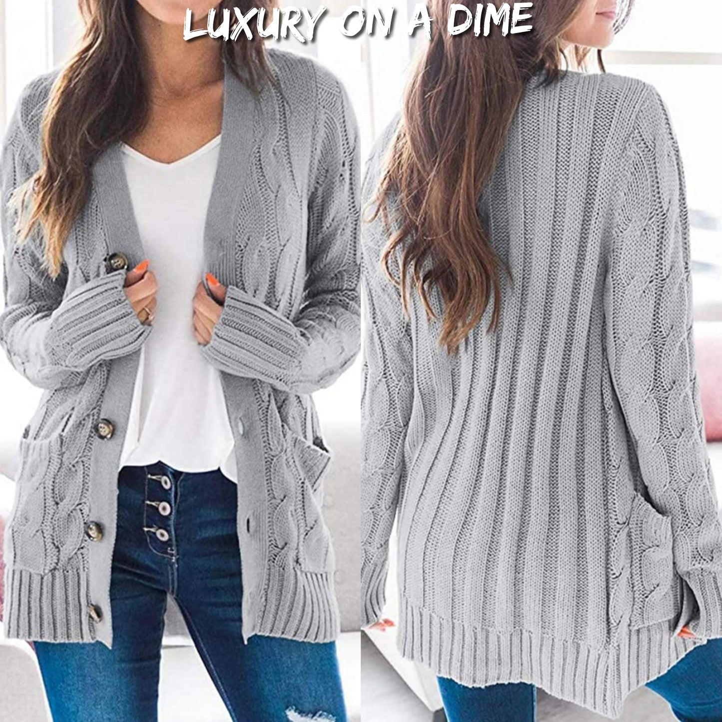 Classic Cable-Knit Buttoned Oversized Cardigan Patch Pockets