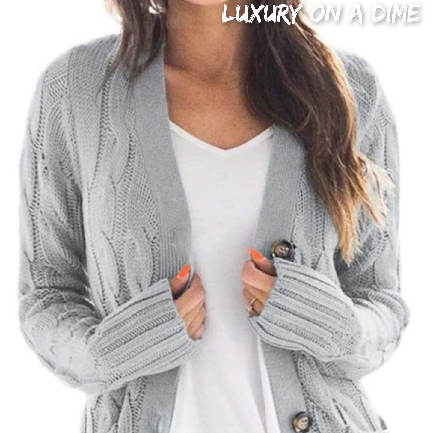 Classic Cable-Knit Buttoned Oversized Cardigan Patch Pockets