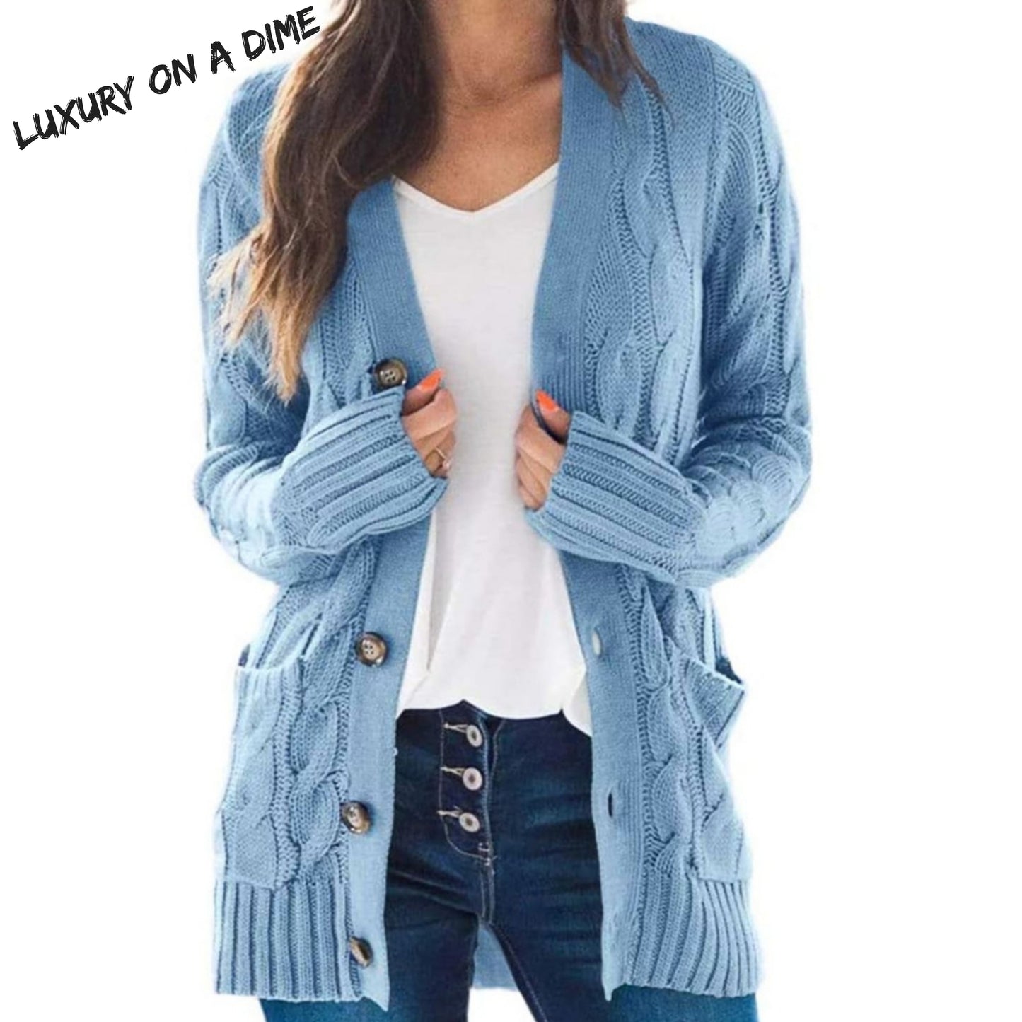 Classic Cable-Knit Buttoned Oversized Cardigan Patch Pockets