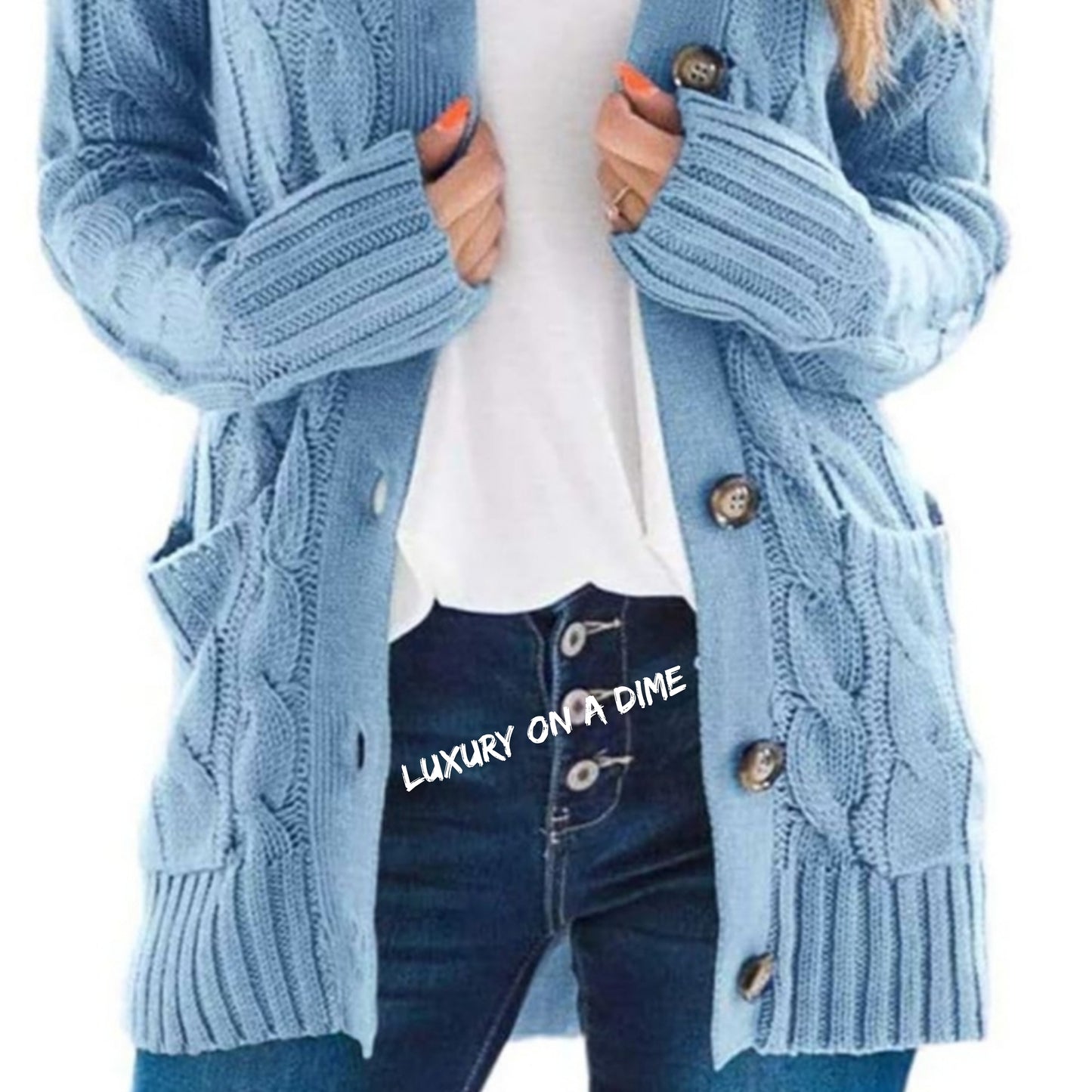 Classic Cable-Knit Buttoned Oversized Cardigan Patch Pockets