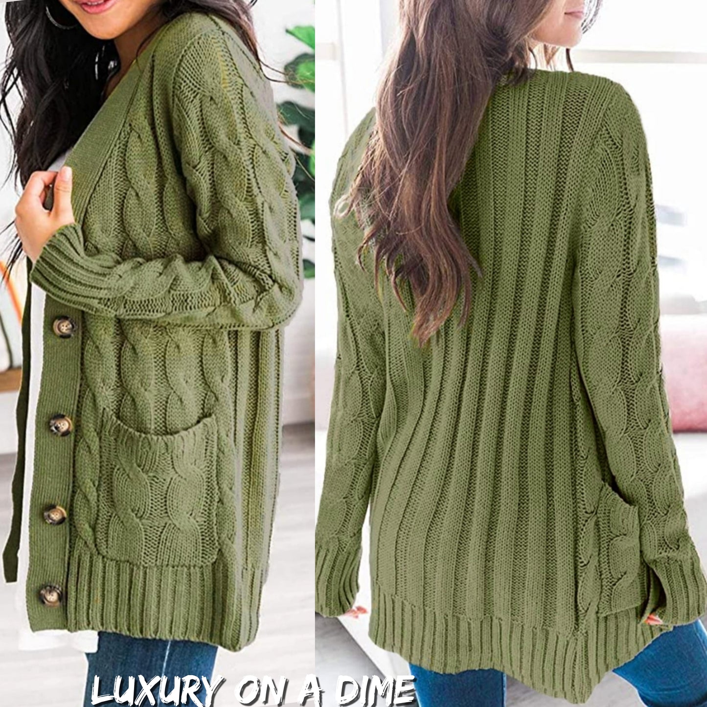 Classic Cable-Knit Buttoned Oversized Cardigan Patch Pockets