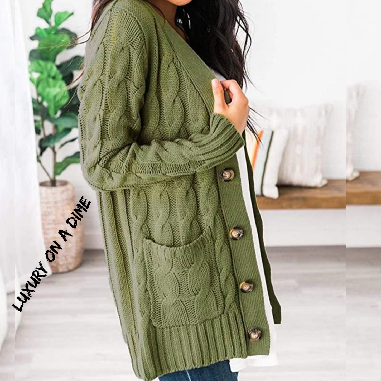 Classic Cable-Knit Buttoned Oversized Cardigan Patch Pockets