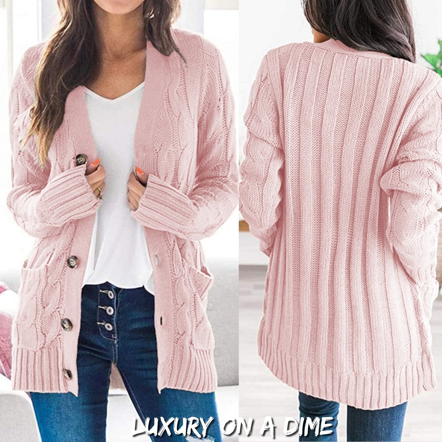 Classic Cable-Knit Buttoned Oversized Cardigan Patch Pockets