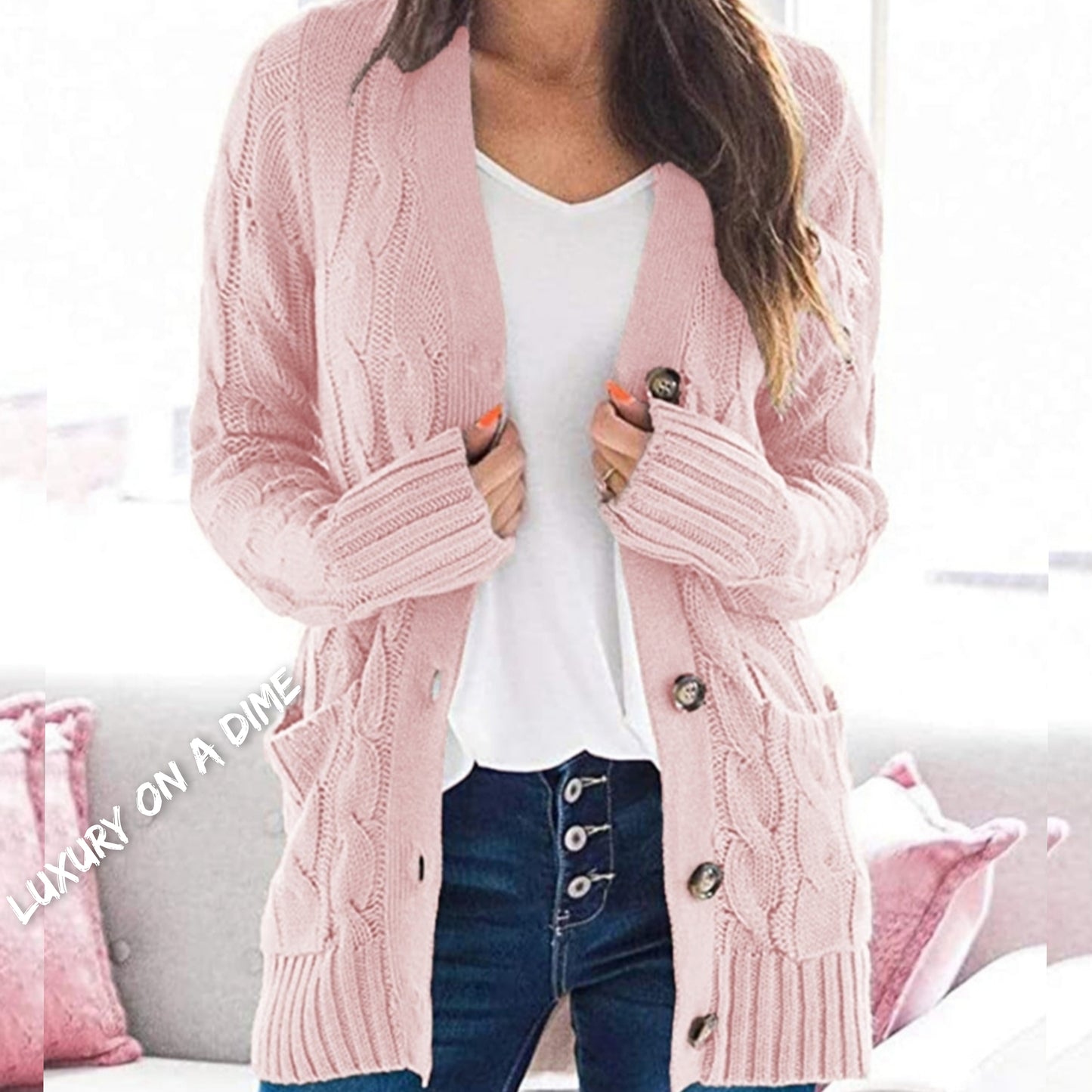 Classic Cable-Knit Buttoned Oversized Cardigan Patch Pockets