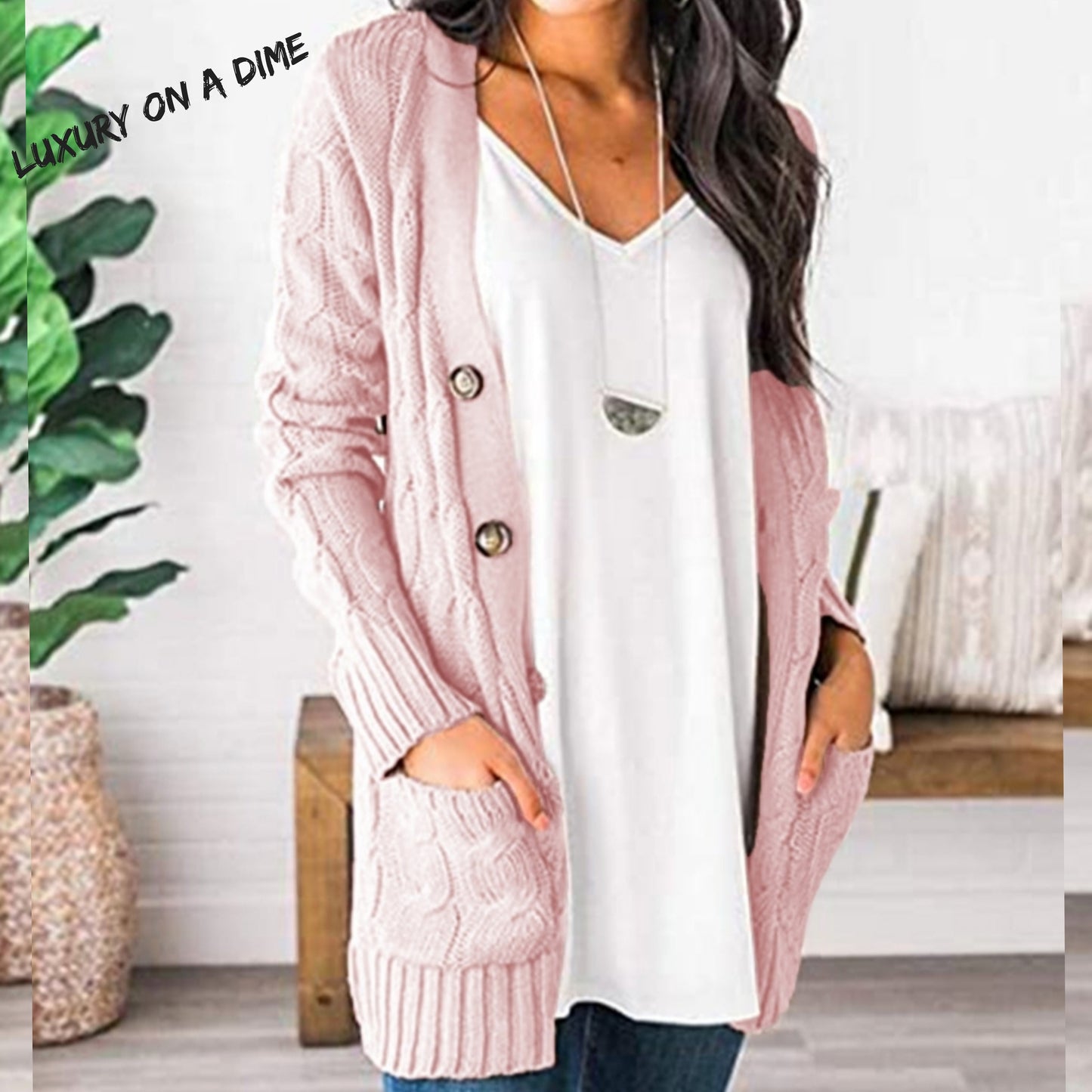 Classic Cable-Knit Buttoned Oversized Cardigan Patch Pockets