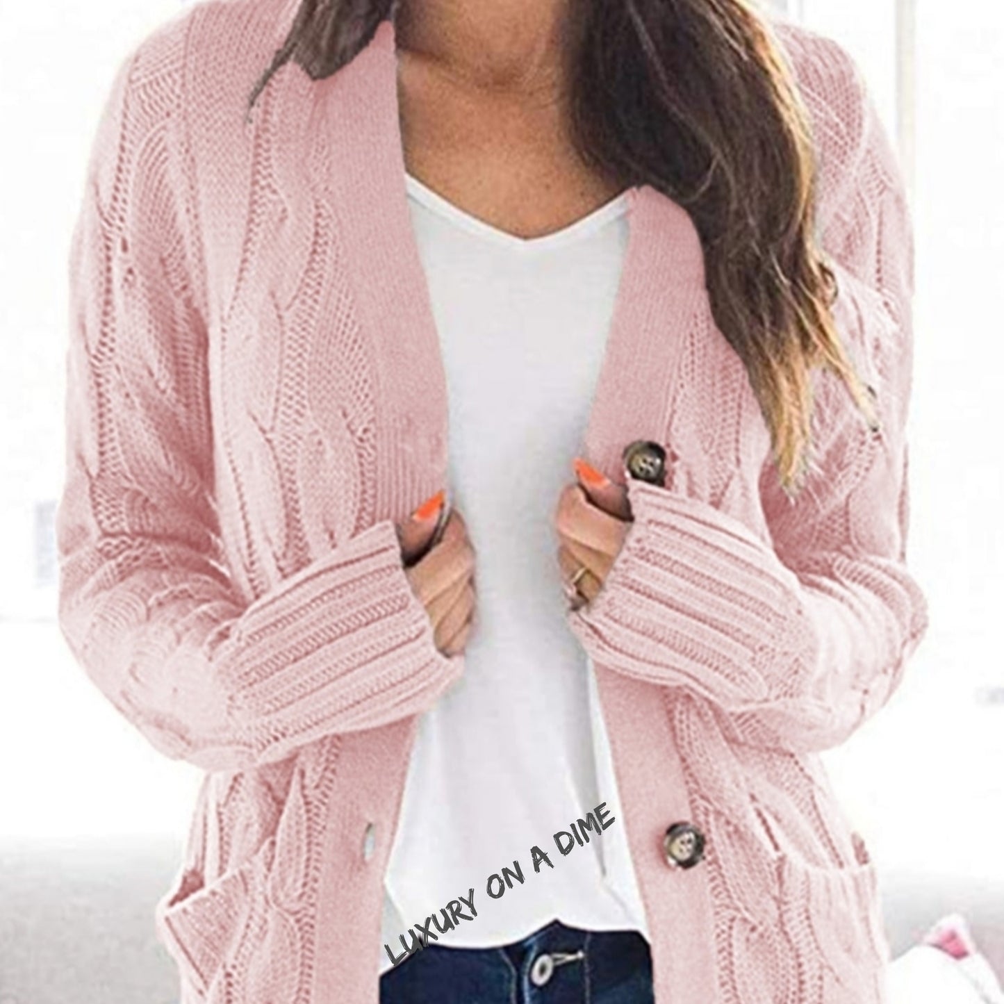 Classic Cable-Knit Buttoned Oversized Cardigan Patch Pockets