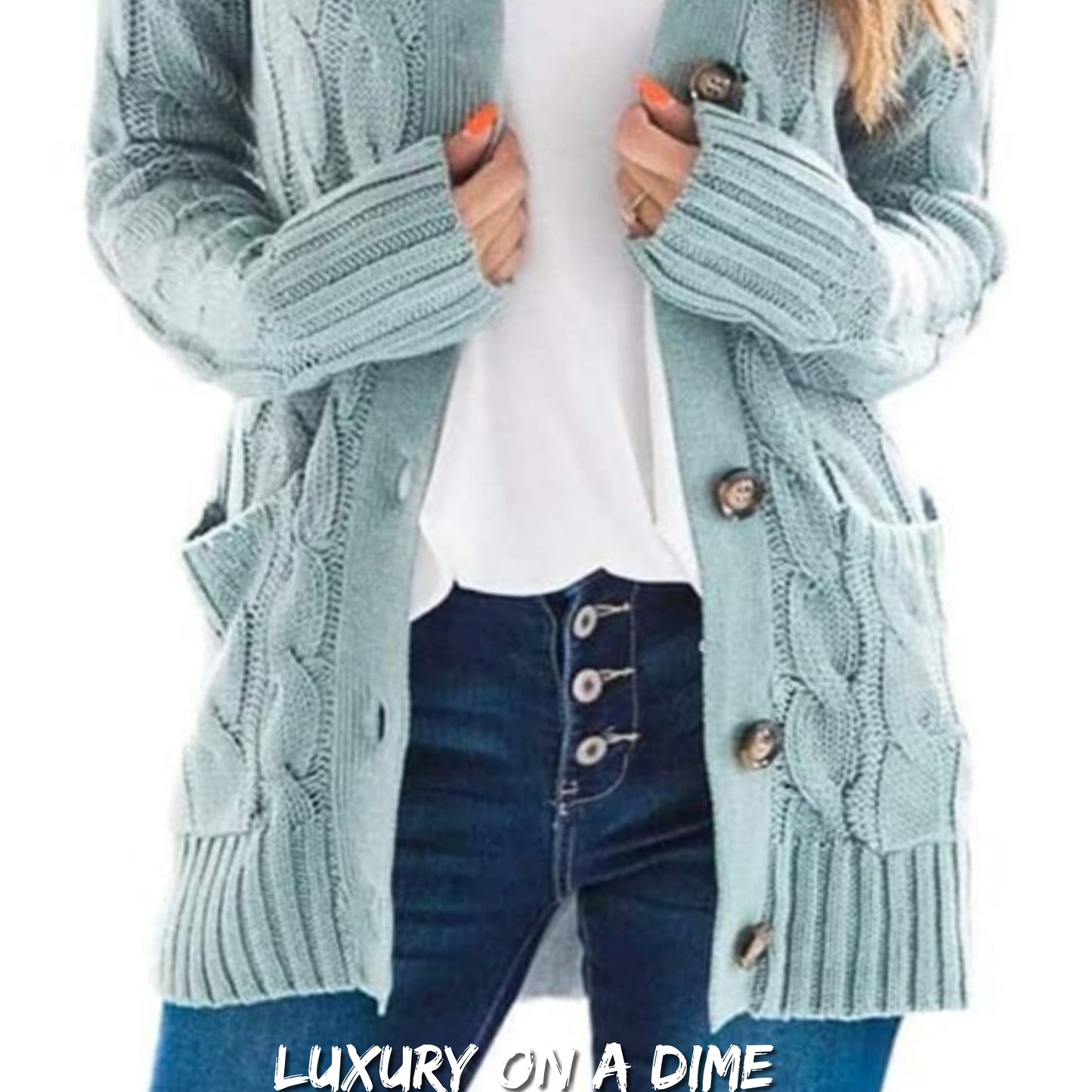 Classic Cable-Knit Buttoned Oversized Cardigan Patch Pockets