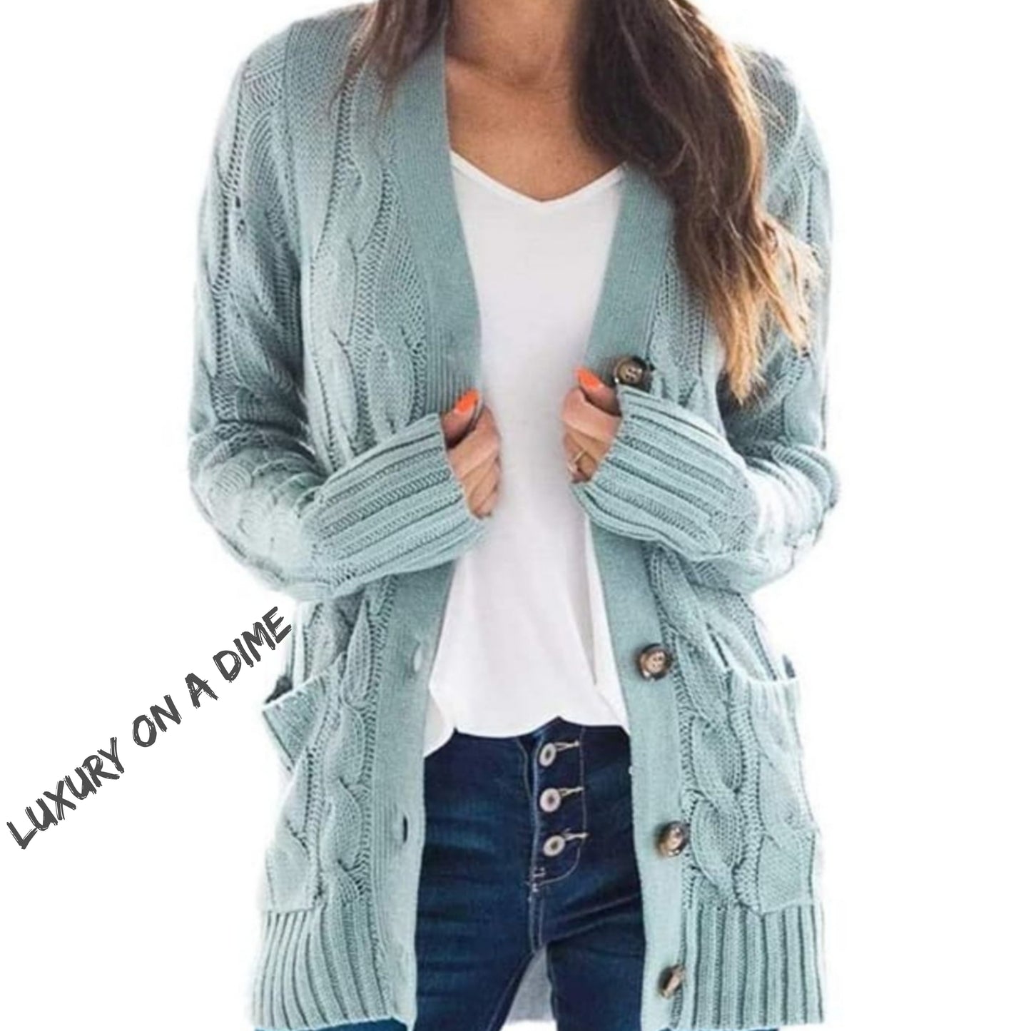 Classic Cable-Knit Buttoned Oversized Cardigan Patch Pockets