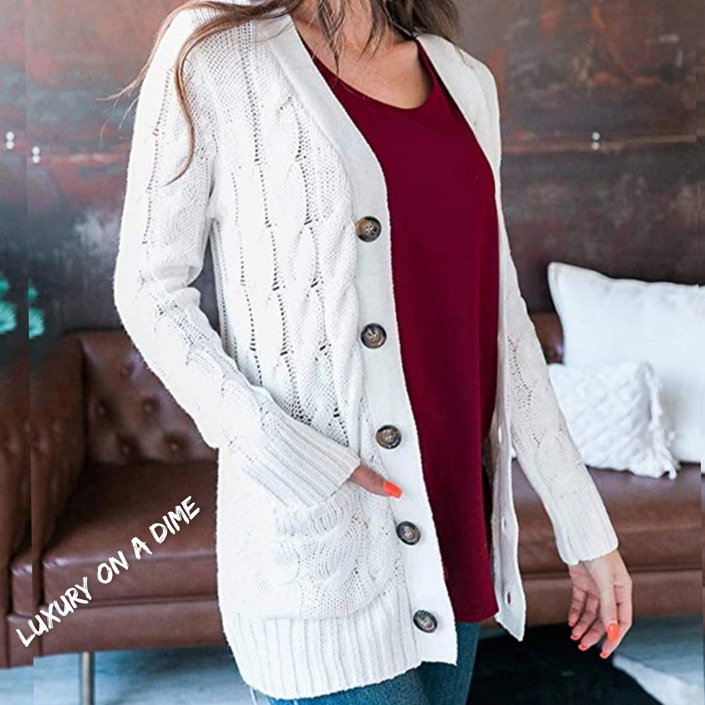 Classic Cable-Knit Buttoned Oversized Cardigan Patch Pockets