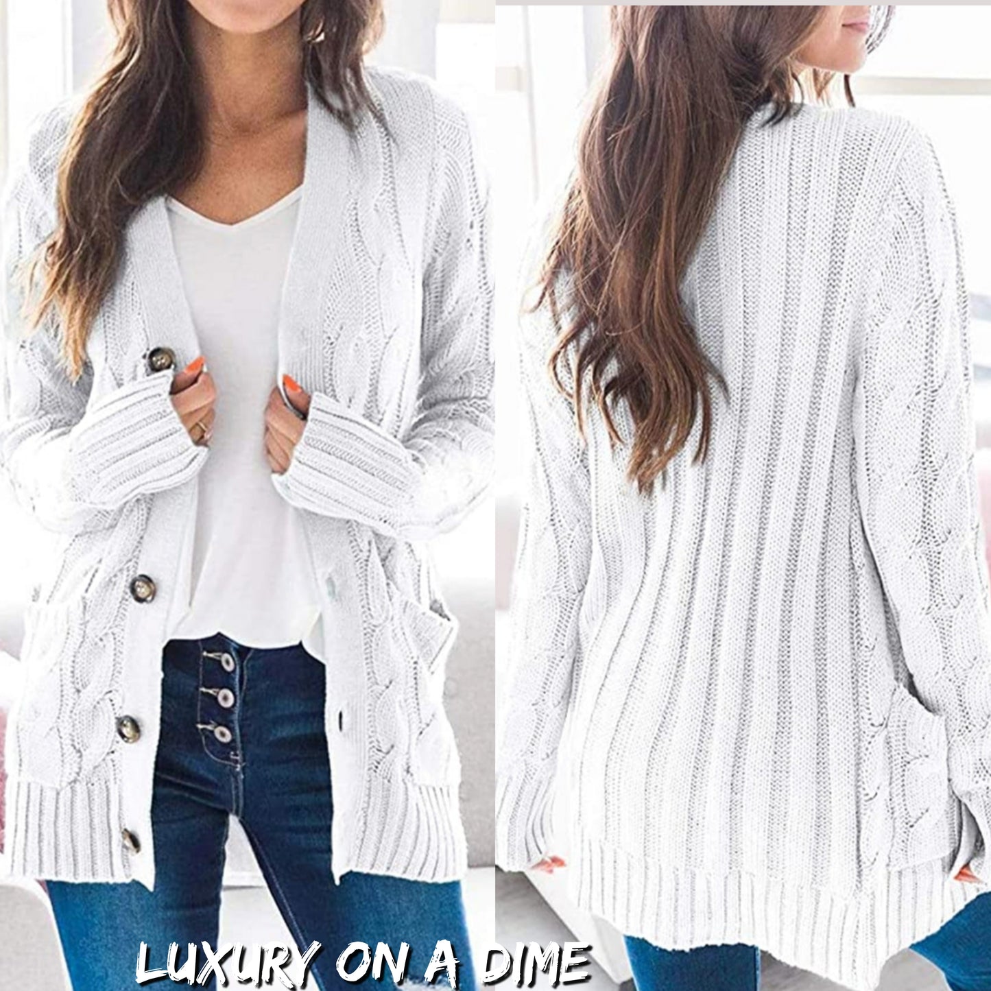 Classic Cable-Knit Buttoned Oversized Cardigan Patch Pockets