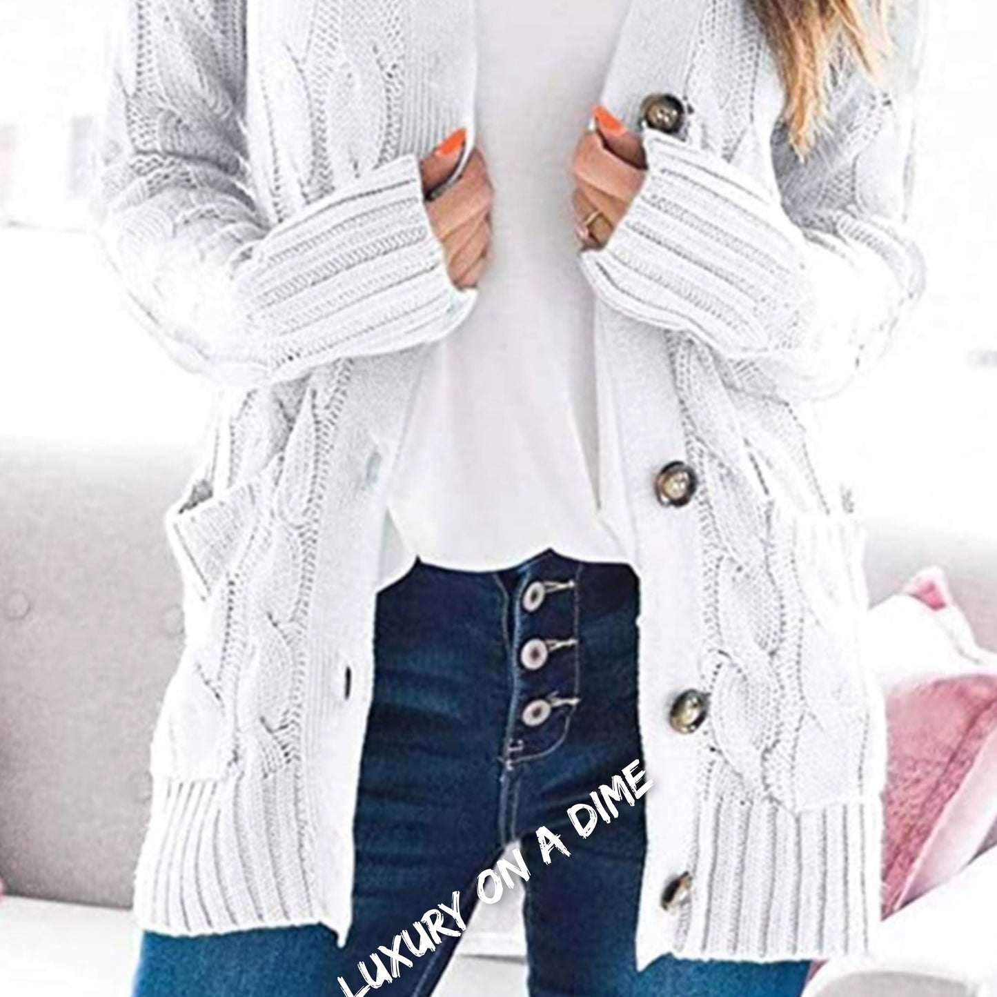 Classic Cable-Knit Buttoned Oversized Cardigan Patch Pockets