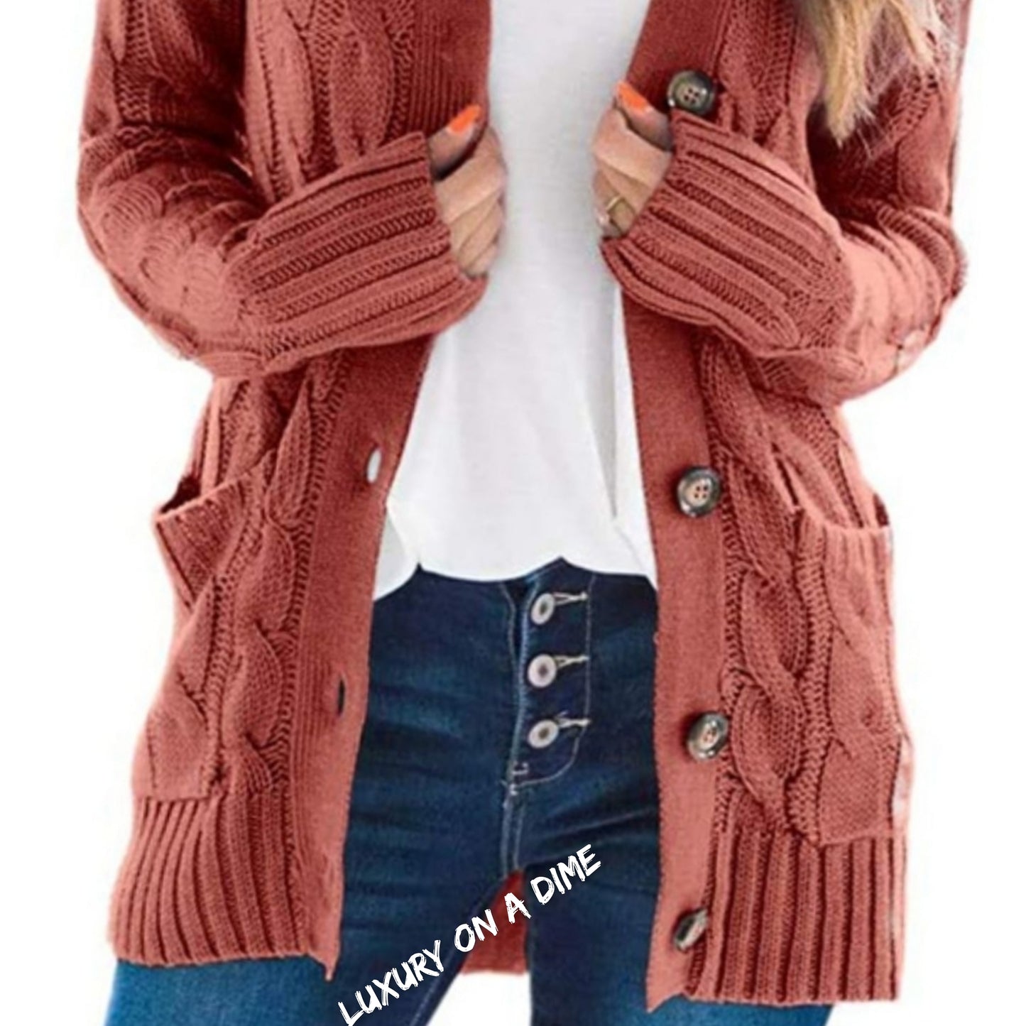 Classic Cable-Knit Buttoned Oversized Cardigan Patch Pockets