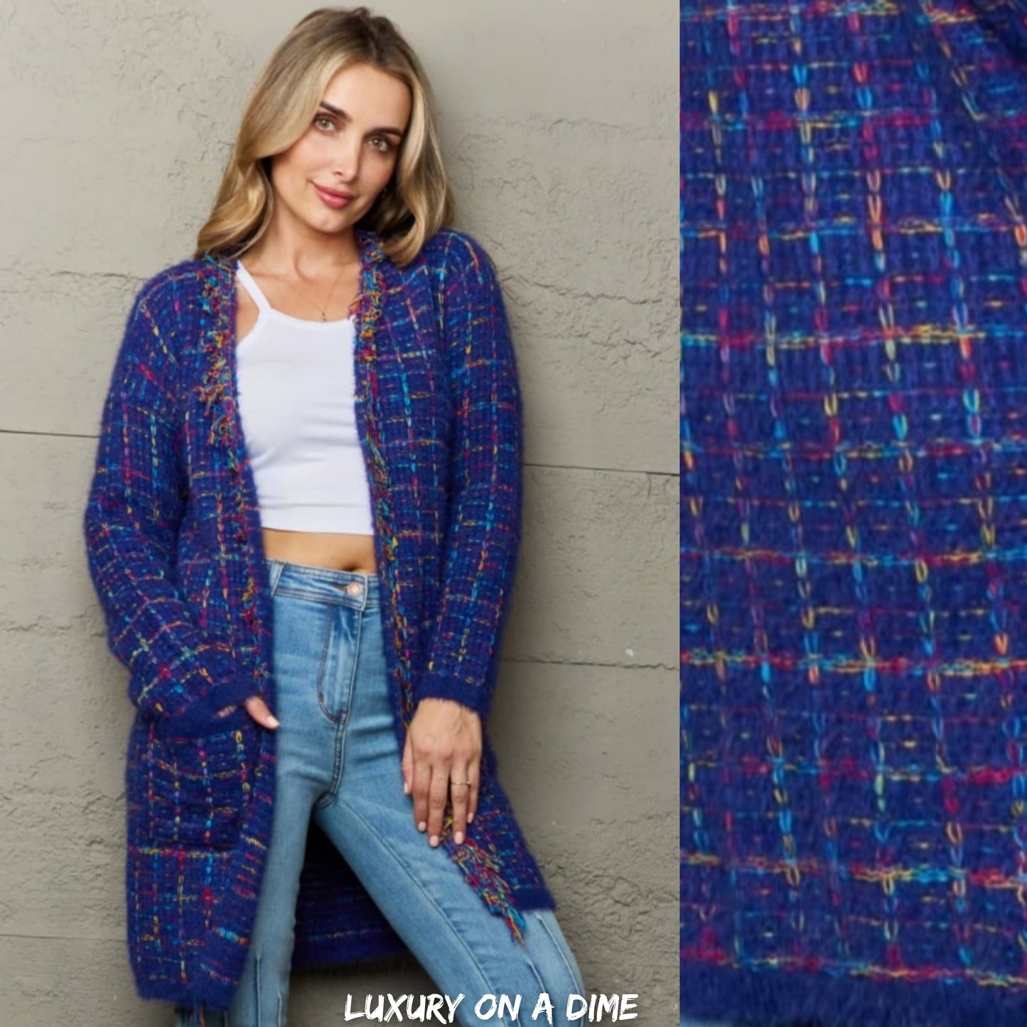 Plaid Retro Knit Colorful Fringe Fur Hem Longline Sweater Cardigan