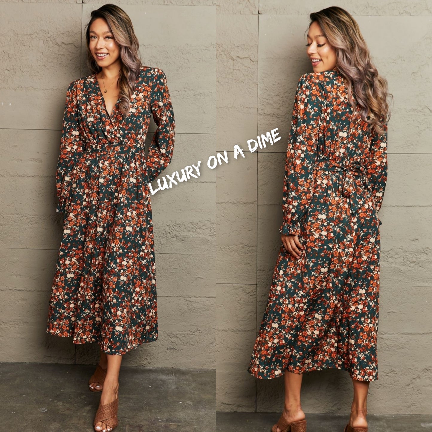 Retro Floral Surplice V-Neck Tie Back Waist Long Sleeve Midi Dress