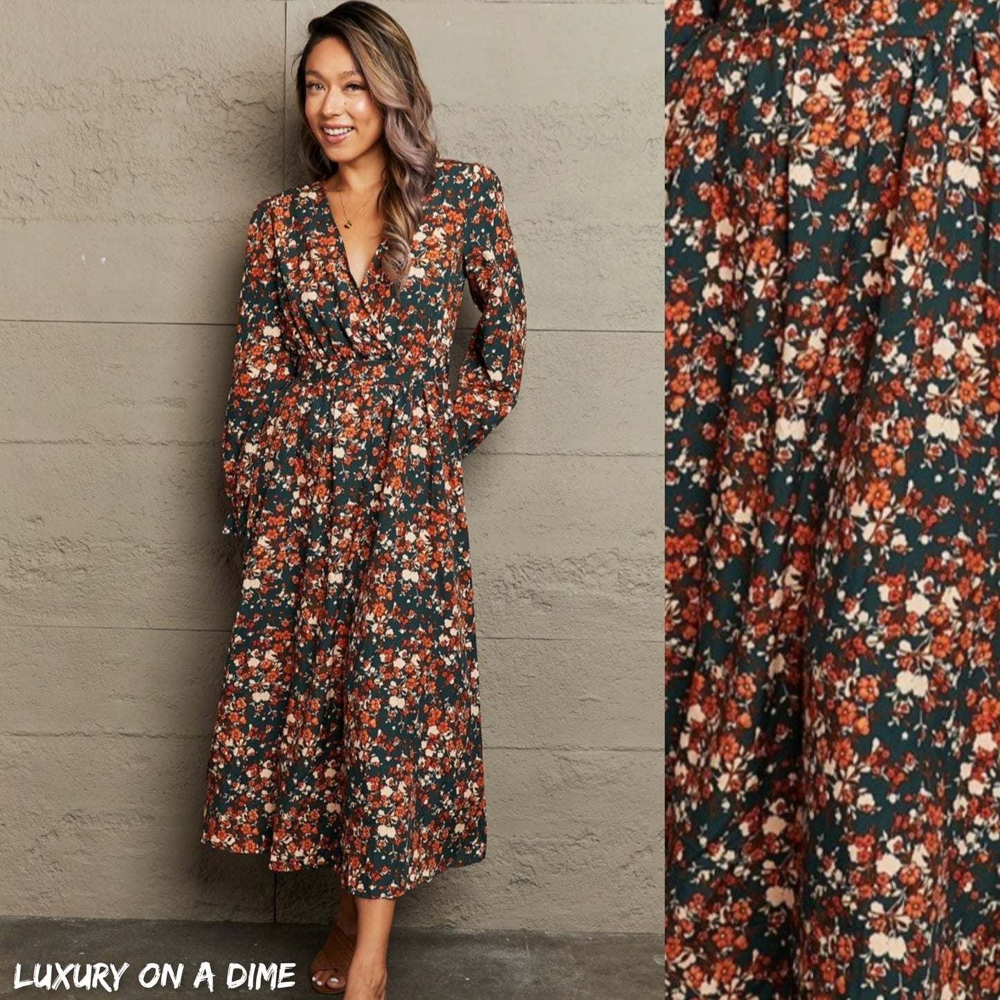 Retro Floral Surplice V-Neck Tie Back Waist Long Sleeve Midi Dress