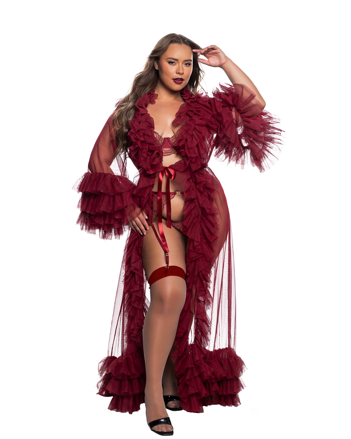 Full Length Sheer Robe Ruffle Layer Long Sleeve Silky Belted Luxury Dramatic Lingerie Sleepwear
