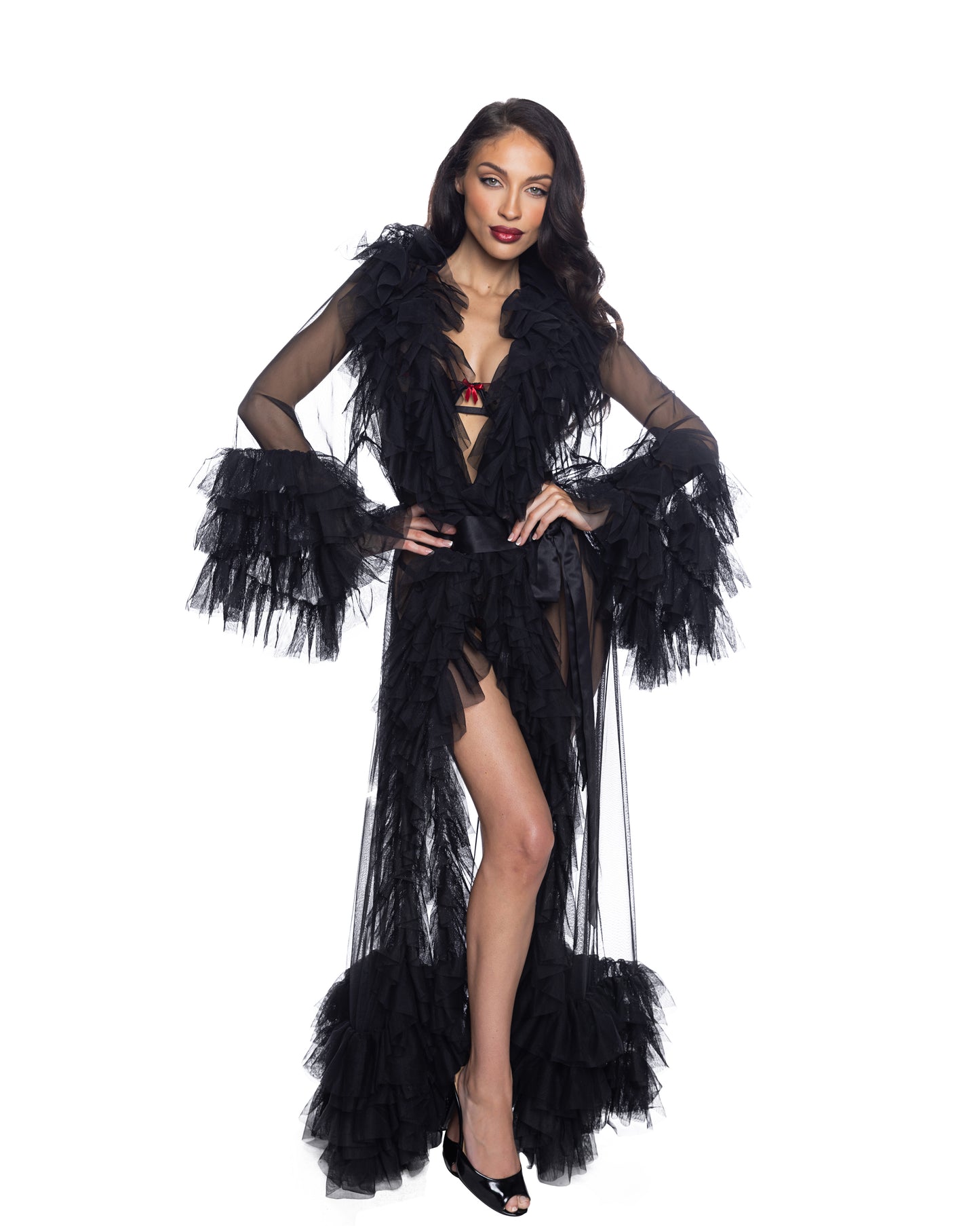 Full Length Sheer Robe Ruffle Layer Long Sleeve Silky Belted Luxury Dramatic Lingerie Sleepwear