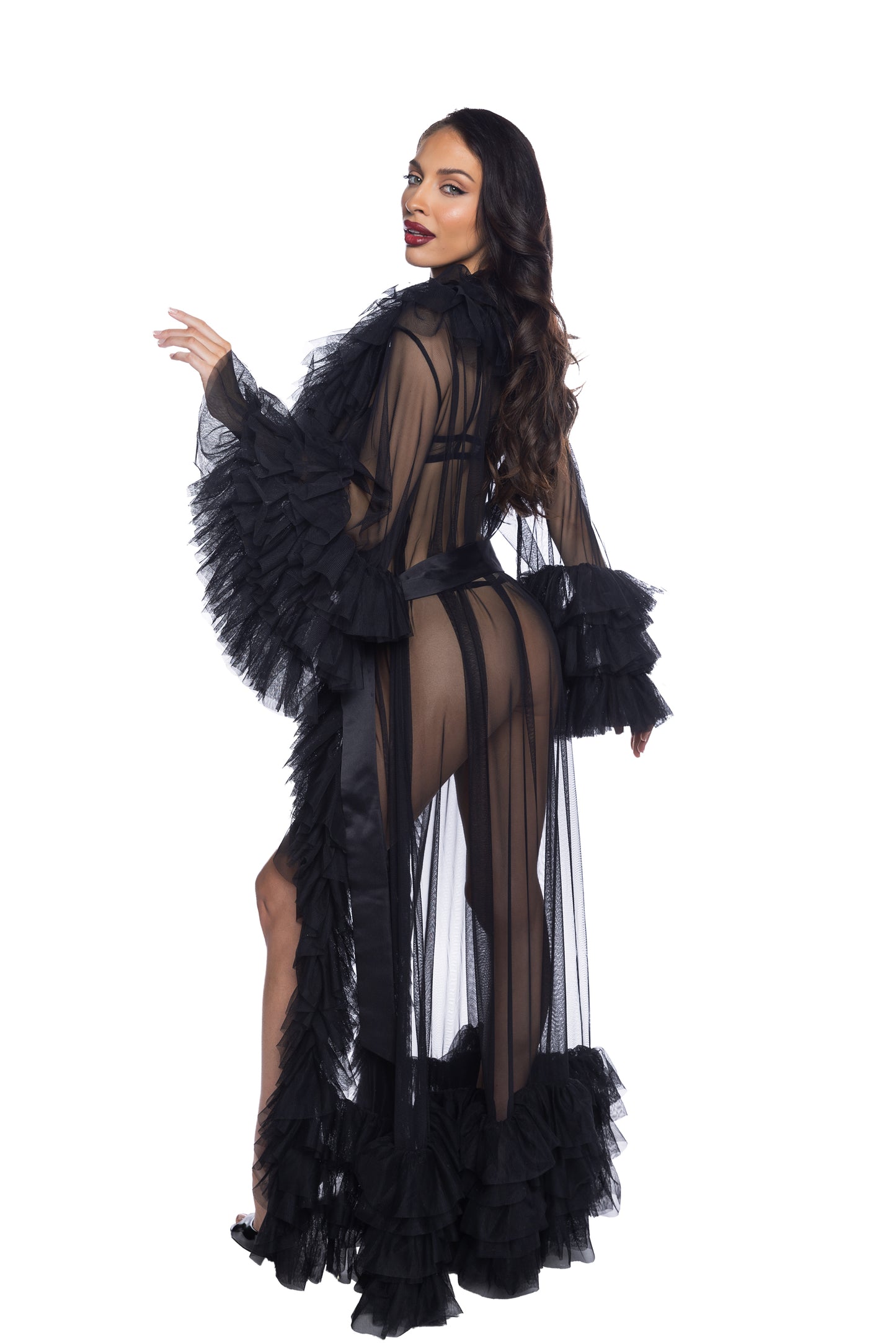 Full Length Sheer Robe Ruffle Layer Long Sleeve Silky Belted Luxury Dramatic Lingerie Sleepwear
