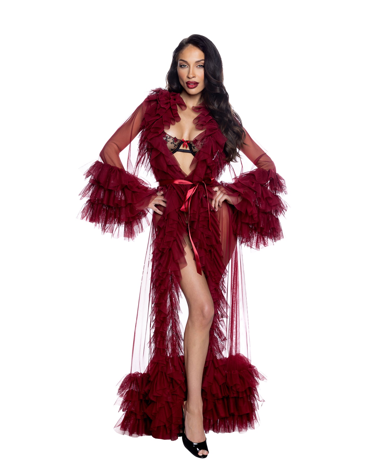 Full Length Sheer Robe Ruffle Layer Long Sleeve Silky Belted Luxury Dramatic Lingerie Sleepwear