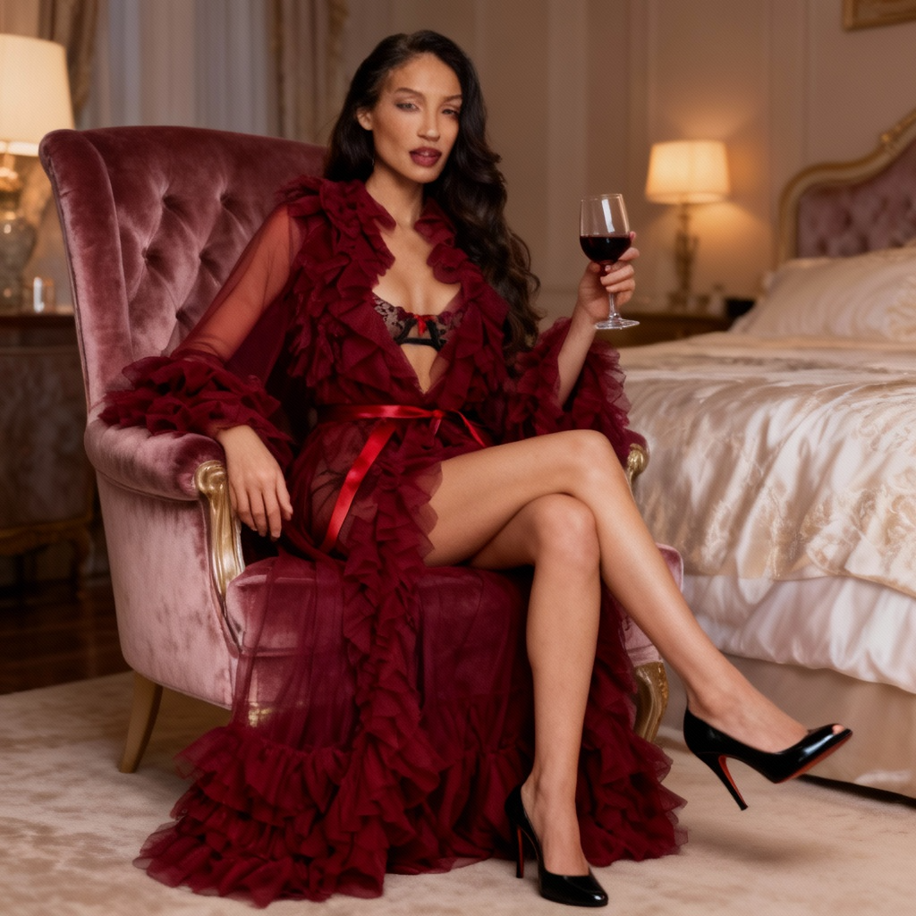 Full Length Sheer Robe Ruffle Layer Long Sleeve Silky Belted Luxury Dramatic Lingerie Sleepwear