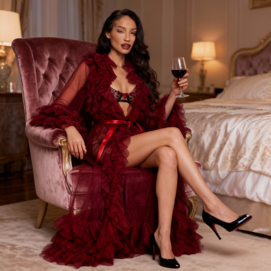 Full Length Sheer Robe Ruffle Layer Long Sleeve Silky Belted Luxury Dramatic Lingerie Sleepwear