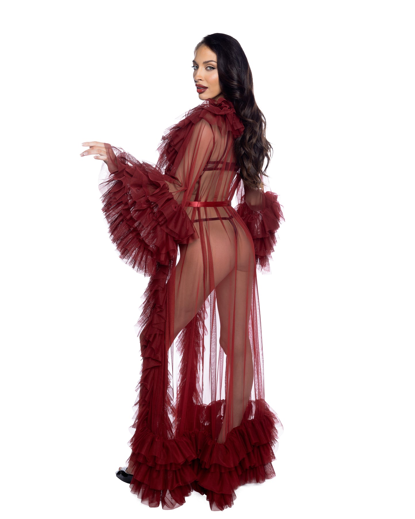 Full Length Sheer Robe Ruffle Layer Long Sleeve Silky Belted Luxury Dramatic Lingerie Sleepwear
