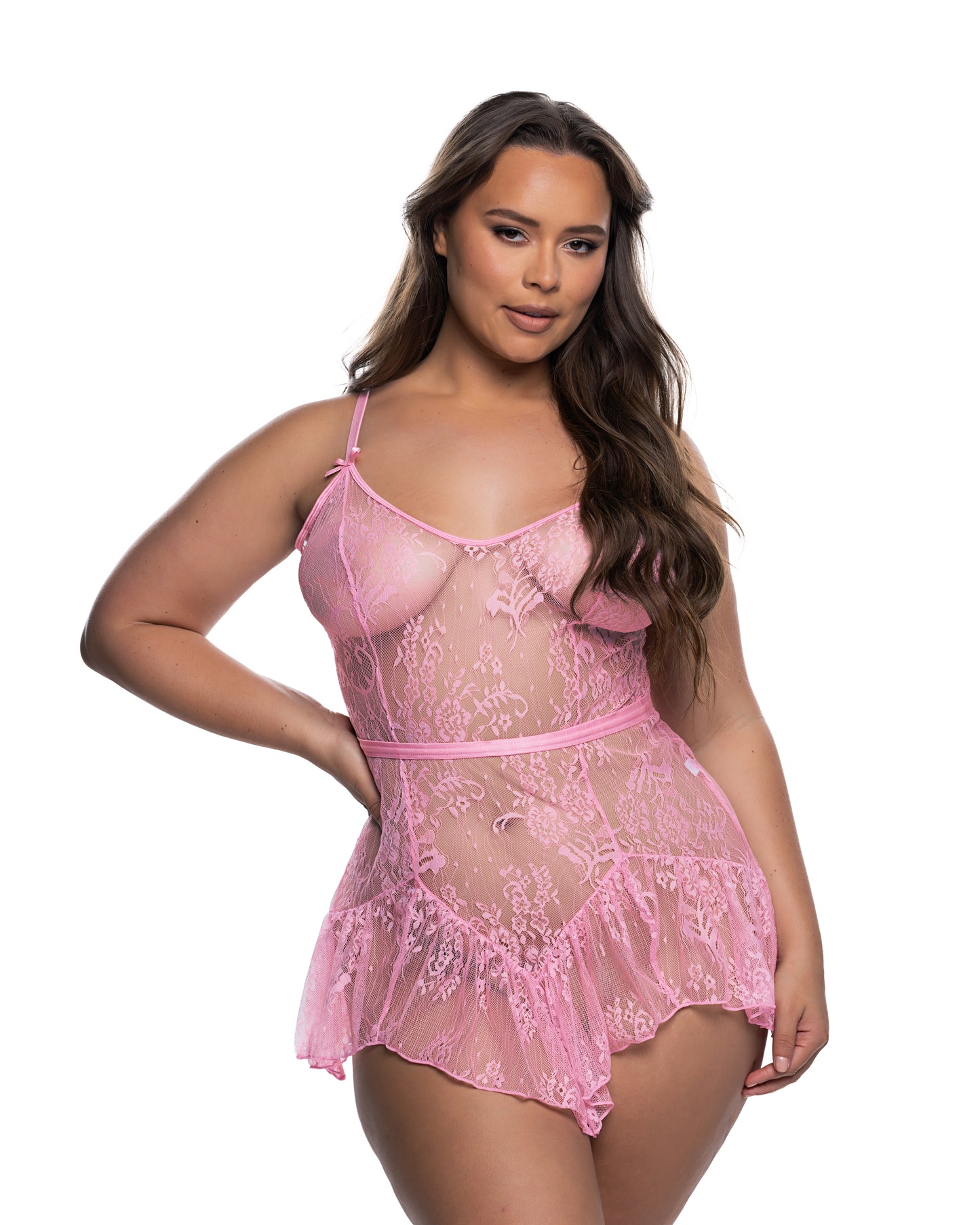 Floral Stretch Lace Lingerie Slip Mini Dress Satin Trim Bow Handkerchief Hem Sleepwear