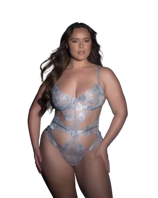 One Piece Metallic Embroidered Lace Cutout Teddy Lingerie Demi Cup Underwire Thong Bottom