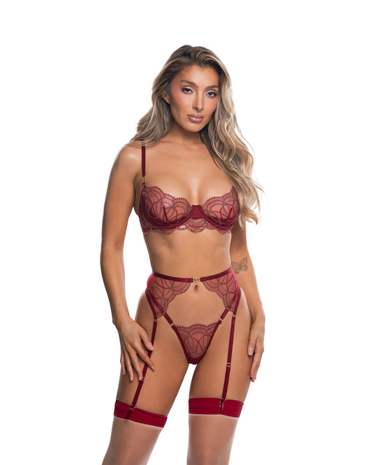 Metallic Embroidered 3-Piece Beaded Lace Lingerie Garter Set Demi Cup Bra Thong Back Underwear