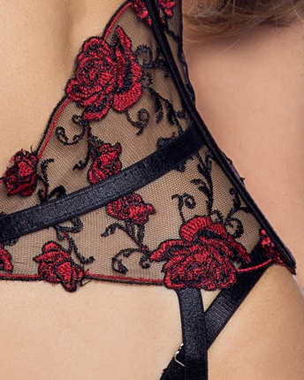 Lace Embroidered Rose 3 Piece Matching Garter Set Stretch Satin Lingerie Balconette Underwire Bra Thong Underwear