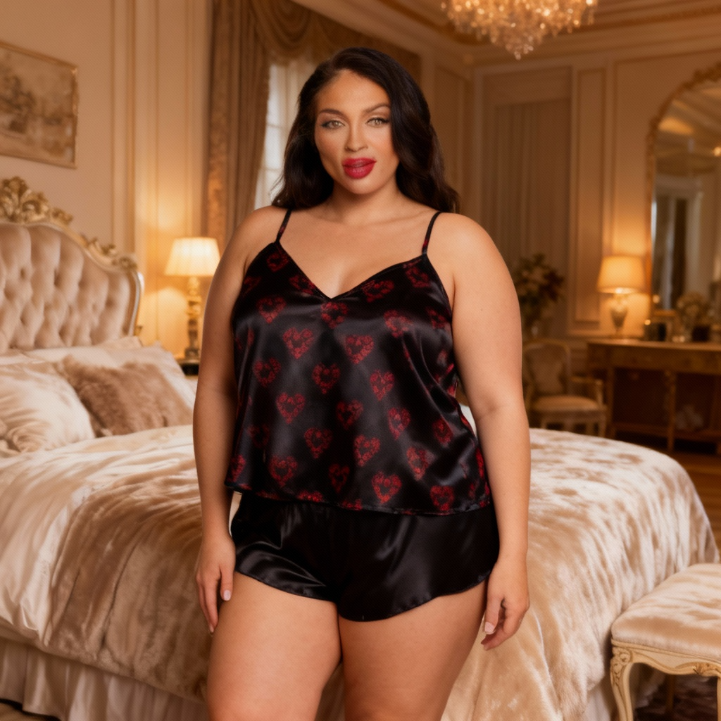 Floral Heart 2-Piece Matching Stretch Satin Camisole Shorts Sleepwear Outfit Flutter Cheeky Bottoms