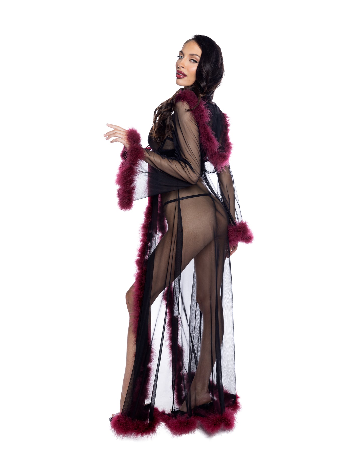 Plush Marabou Feather Long Sleeve Full Length Hooded Sheer Satin Belted Robe Loungewear Luxury Dramatic Lingerie Sleepwear