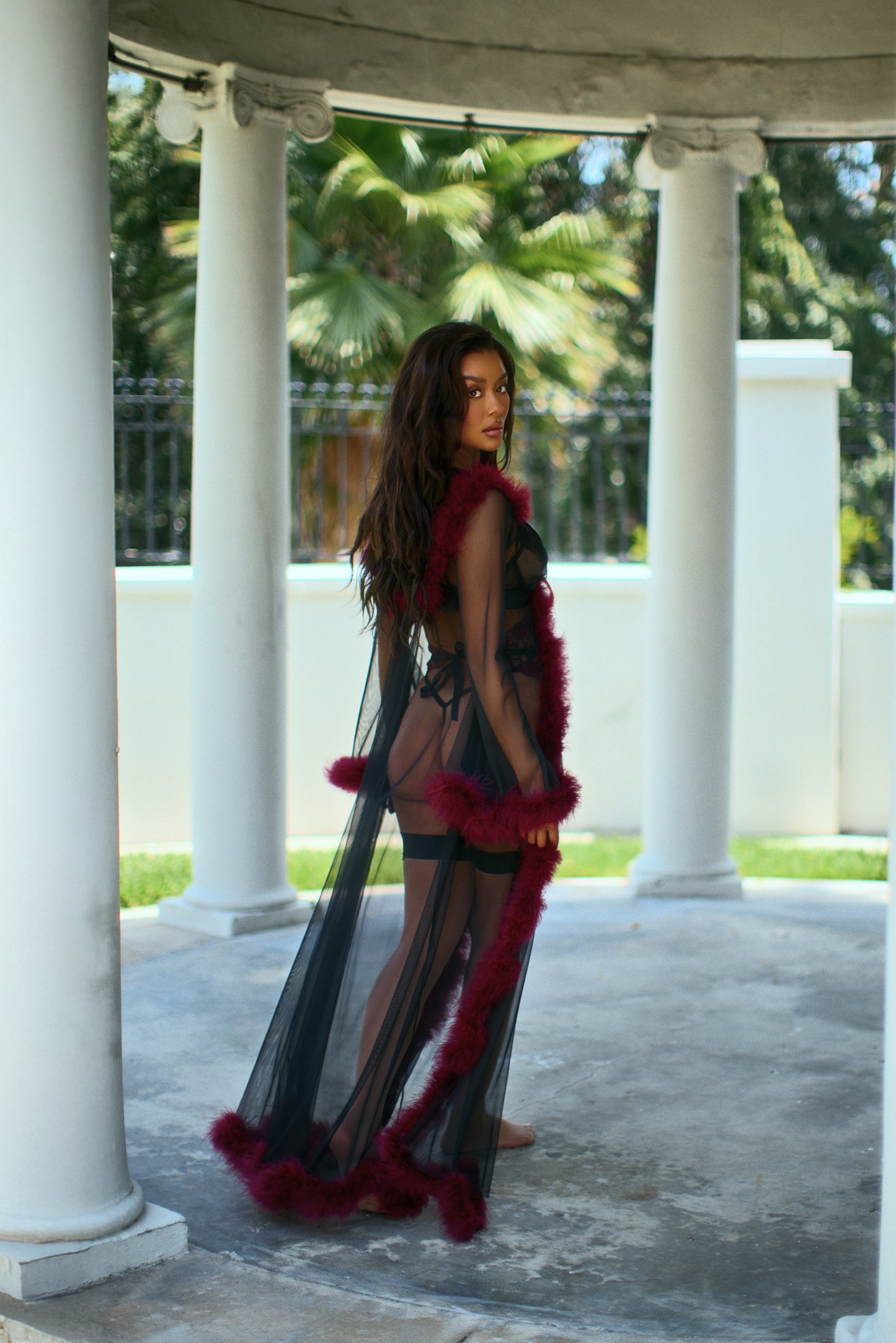 Plush Marabou Feather Long Sleeve Full Length Hooded Sheer Satin Belted Robe Loungewear Luxury Dramatic Lingerie Sleepwear