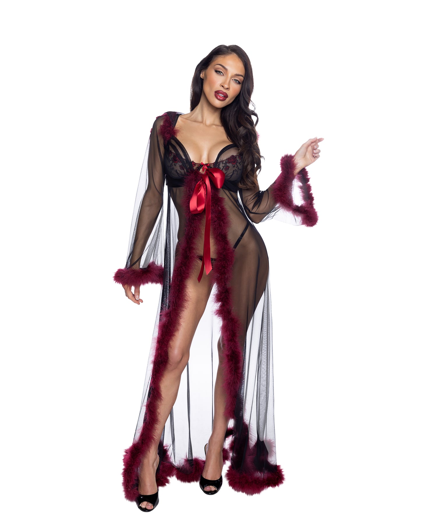 Plush Marabou Feather Long Sleeve Full Length Hooded Sheer Satin Belted Robe Loungewear Luxury Dramatic Lingerie Sleepwear