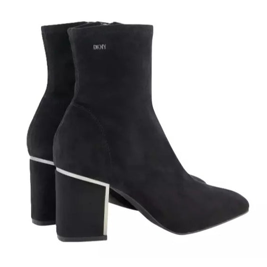DKNY Bootie Stretch Cavale Microsuede Boots Metallic Silver Black Heel Shoes