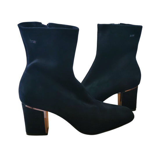 DKNY Bootie Stretch Cavale Microsuede Boots Metallic Silver Black Heel Shoes