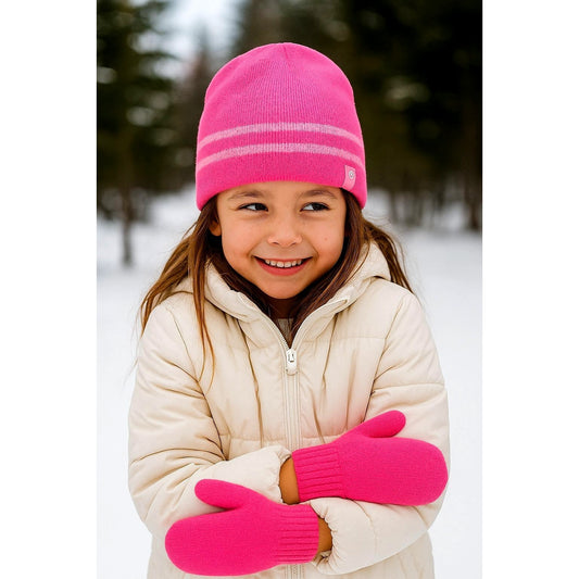 Champion Kids Matching Set Girls Beanie Mittens Knit Pink Outdoor Winter Snow