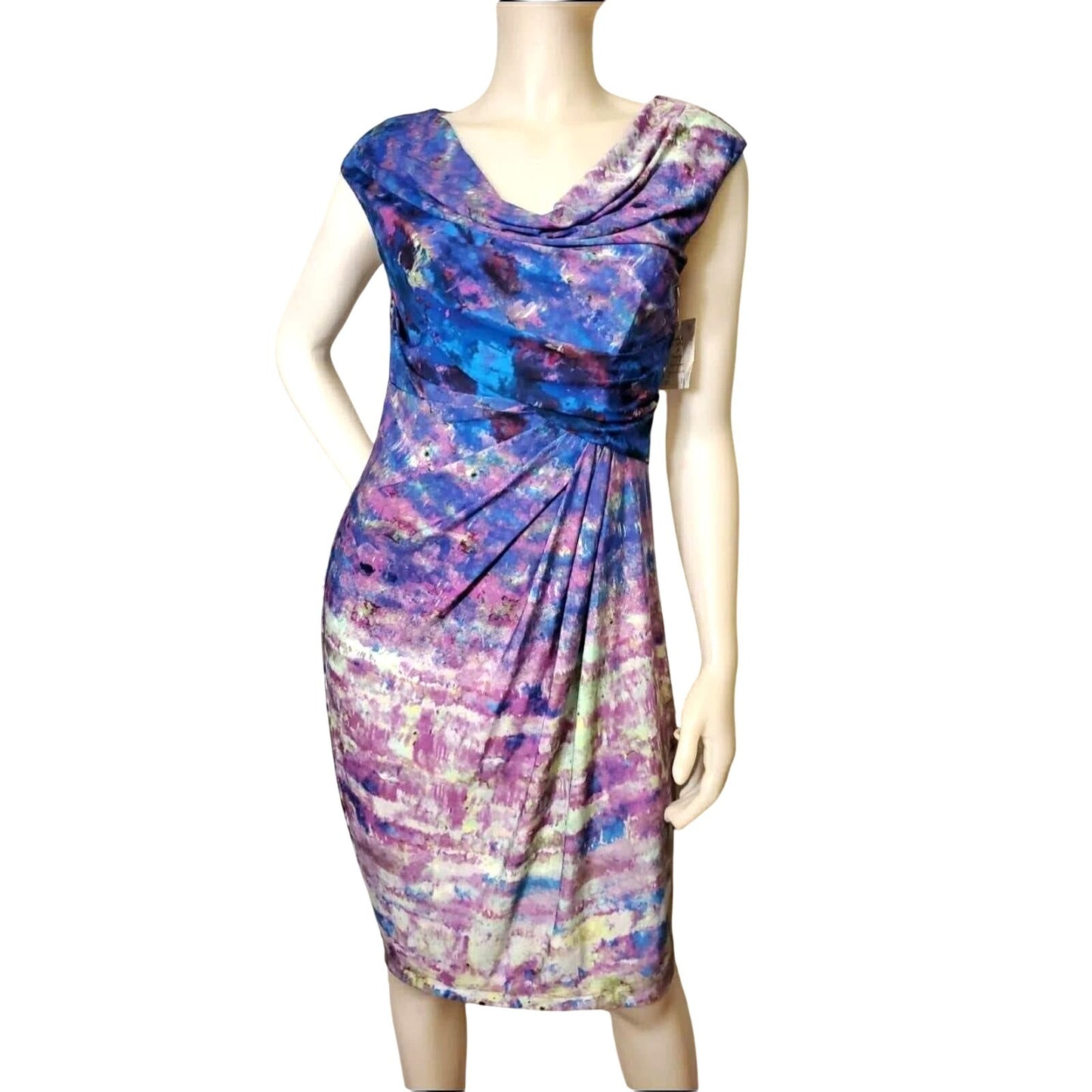 Suzi Chin Sm Y2k Dress Drape Neck Knee Length Sheath Tie-dye Bodycon Dead Stock