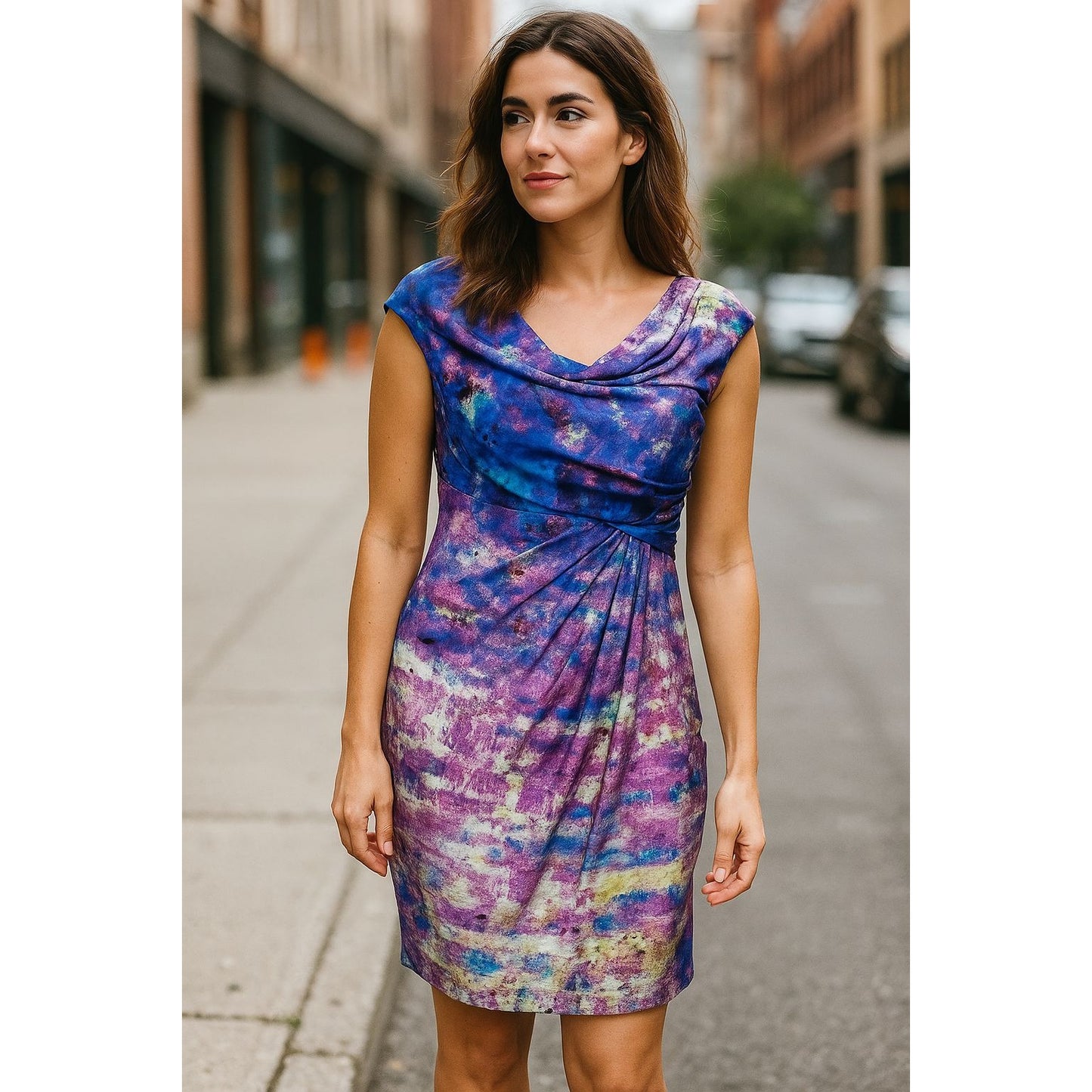 Suzi Chin Sm Y2k Dress Drape Neck Knee Length Sheath Tie-dye Bodycon Dead Stock